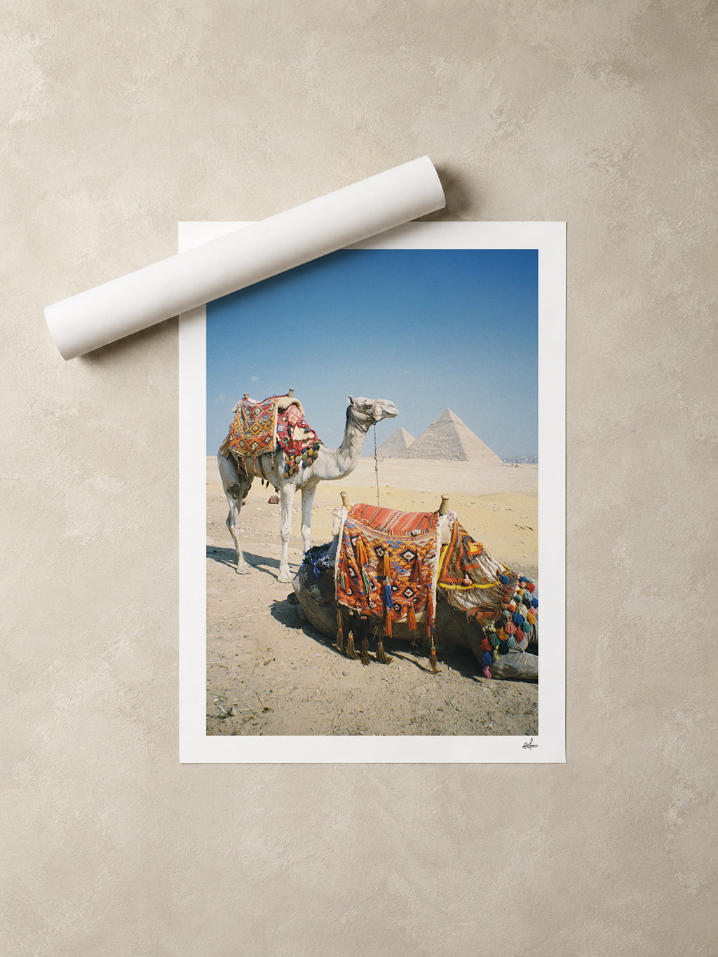 Ägypten Reise-Kunstdruck — Pyramiden von Gizeh & Kamele | Analog-Filmfotografie | Ägypten-Wandkunst
