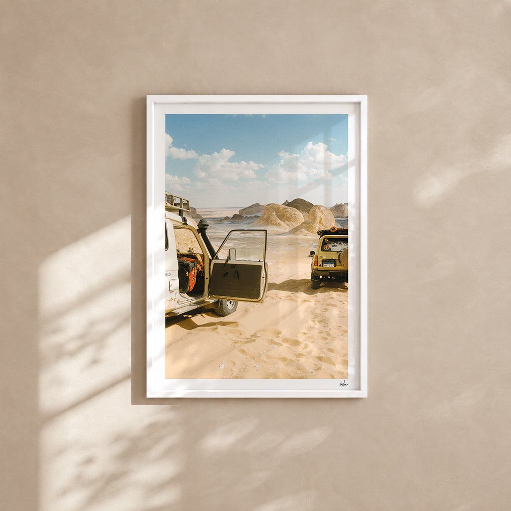 Egypt Travel Fine Art Print — White Desert 4x4 | Analog Film Photography | Desert Wall Art