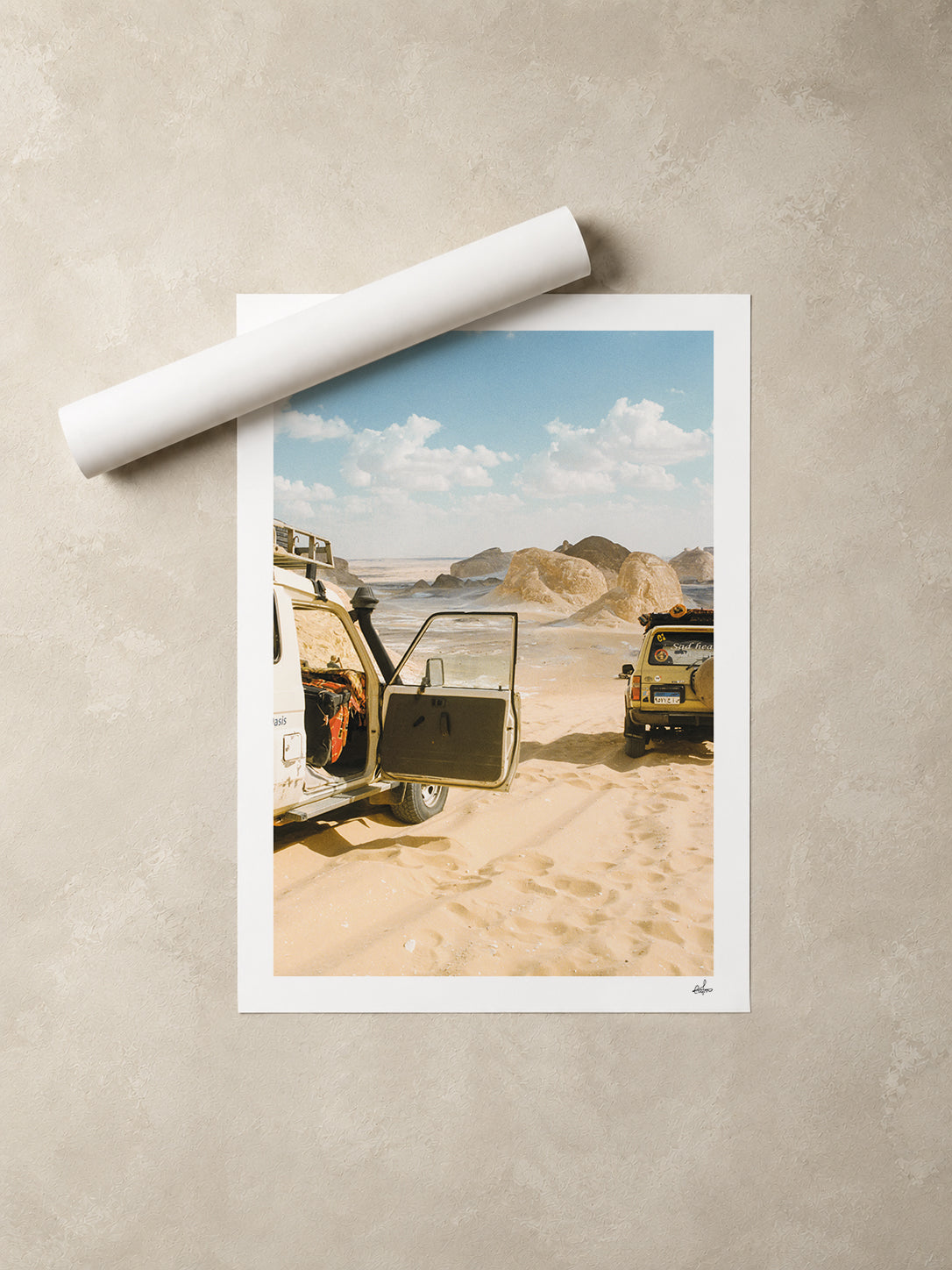 Egypt Travel Fine Art Print — White Desert 4x4 | Analog Film Photography | Desert Wall Art