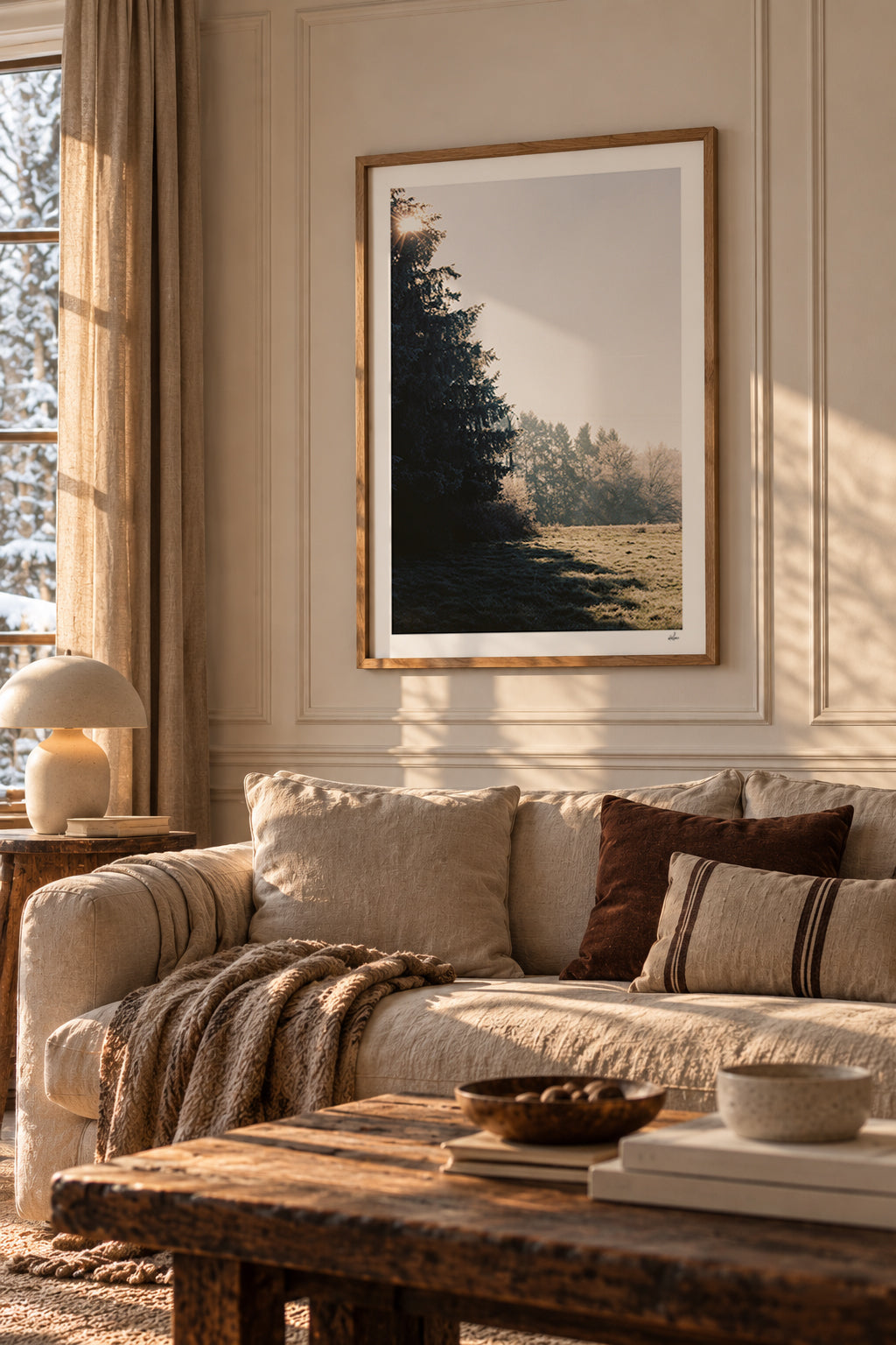 Winter sun through a fir tree over a frosted meadow, Auvergne, France — framed print in a warm minimalist living room