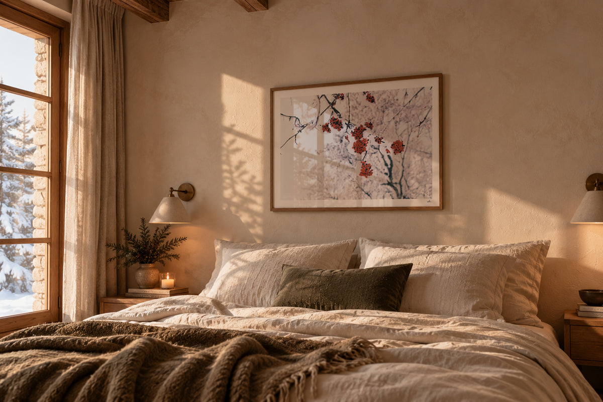 Red rowan berries under fresh snow, Auvergne, France — framed print hanging above a bed in a neutral bedroom