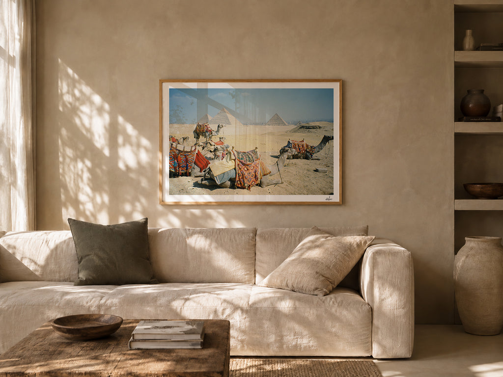 Egypt Travel Fine Art Print — Giza Camel Caravan | Analog Film Photography | Pyramids of Giza Wall Art