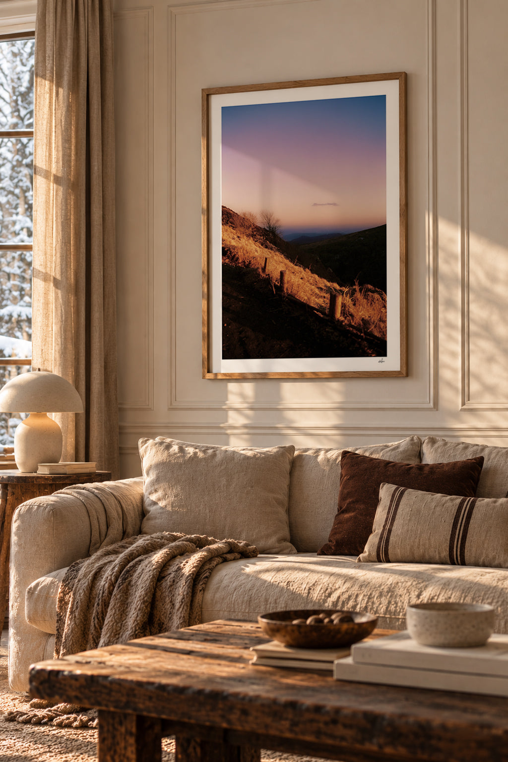 Winter dusk over the Chaîne des Puys, Auvergne, France — framed print in a warm minimalist living room