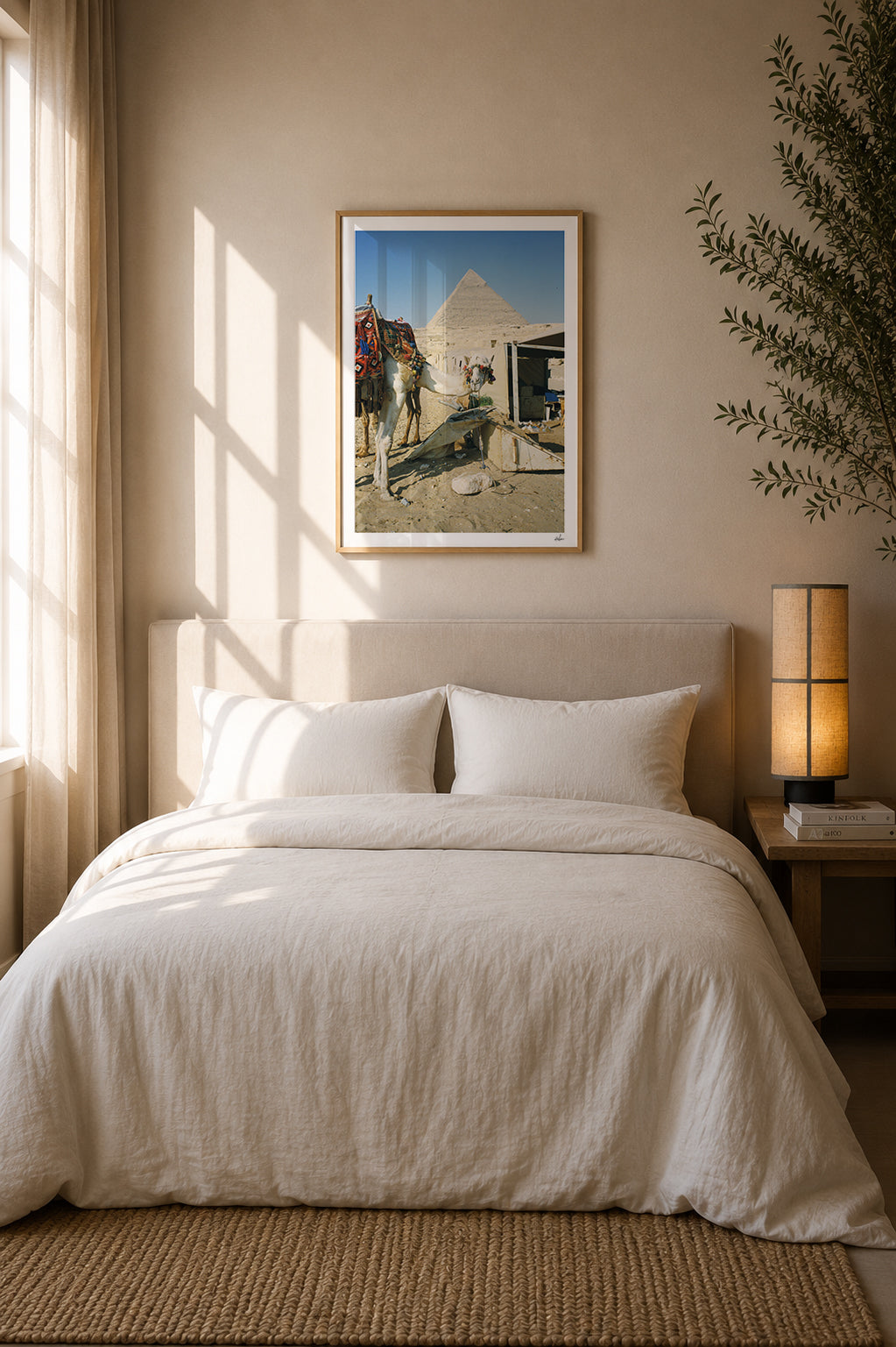 Egypt Travel Fine Art Print — Giza White Camel | Analog Film Photography | Camel Market Wall Art