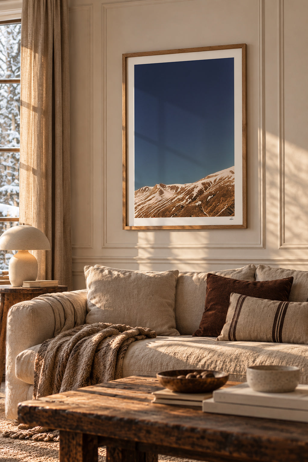 Snow-streaked ridges under a deep blue sky, French Alps, France — framed print in a warm minimalist living room