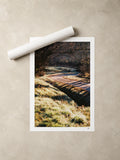 Frosted country lane in low winter sun, Auvergne, France — unframed fine art print lying flat beside a rolled print