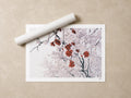 Red rowan berries under fresh snow, Auvergne, France — unframed fine art print lying flat beside a rolled print