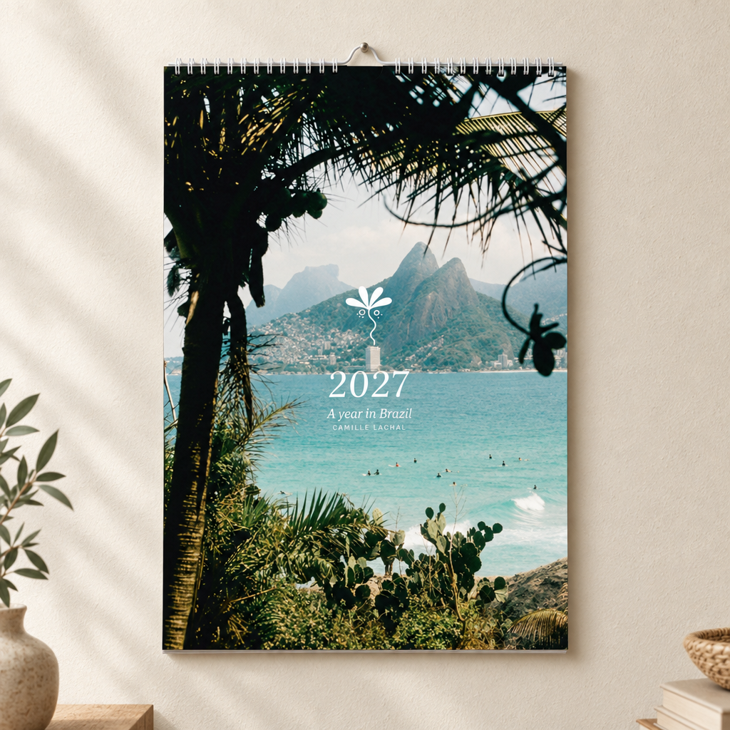 2027 Brazil wall calendar, A4, wire-bound with hanging hook — cover with Dois Irmãos and Ipanema framed by palms, analog film photography