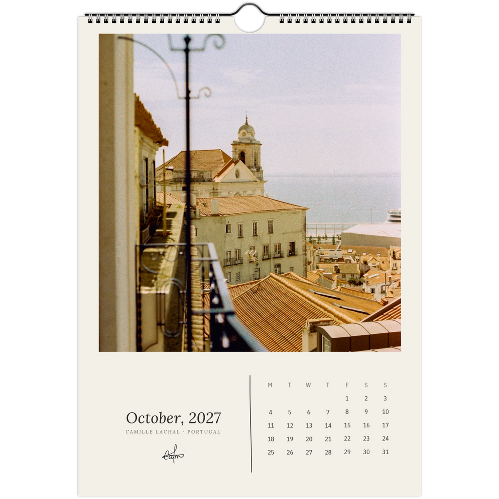 2027 Portugal wall calendar, A4 — page preview, analog film photography of Lisbon and the coast