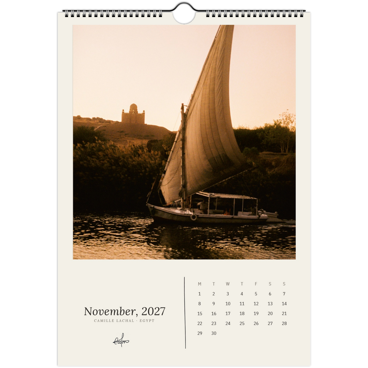 2027 Egypt wall calendar, A4 — page preview, analog film photography of the Nile and the desert